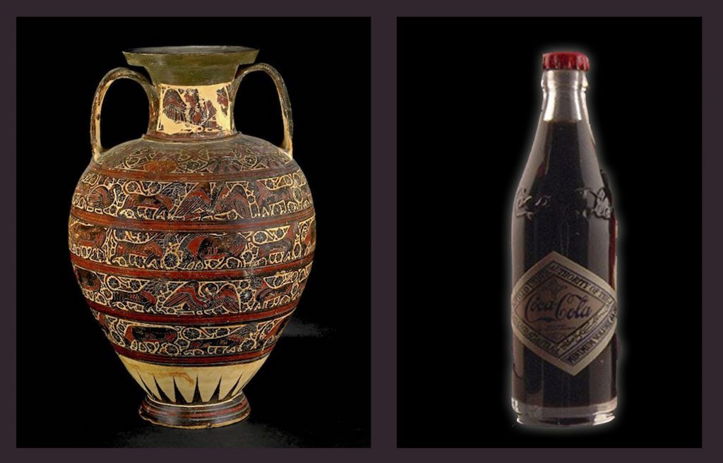 a student art example from the teacher. a cola bottle and vase side by side.
